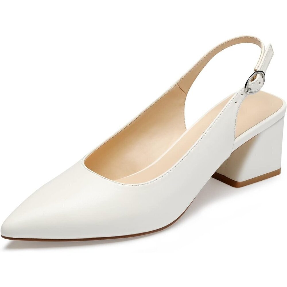 Women's White Slingback Closed Toe Block Chunky Low Heel Pumps Party Dress Shoes